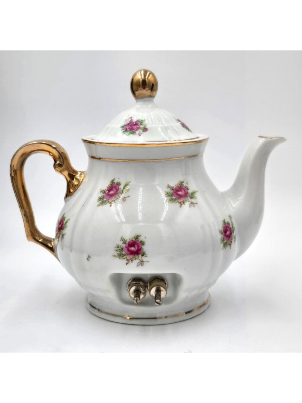 Vtg Minamiyama Seitosho Electric Teapot Rose Pattern Gold Accents Plug Included - Picture 2 of 15